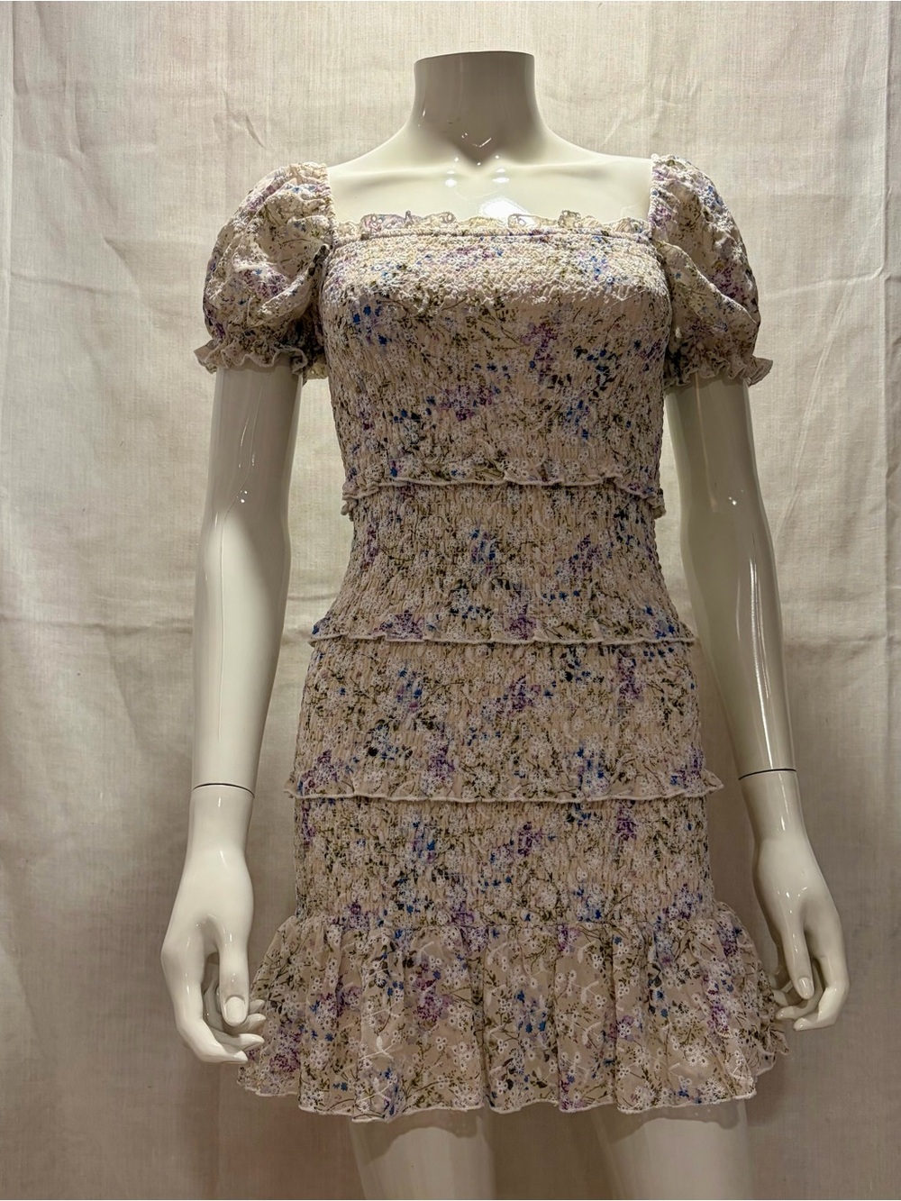 Katie J NYC Beige Floral Smocked Puff-Sleeve Mini Dress